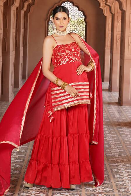 Monk & Mei By Sonia Anand_Red Organza, Satin, Sabrina Rafflesia Woven Brocade Short Kurta Sharara Set _Online_at_Aza_Fashions