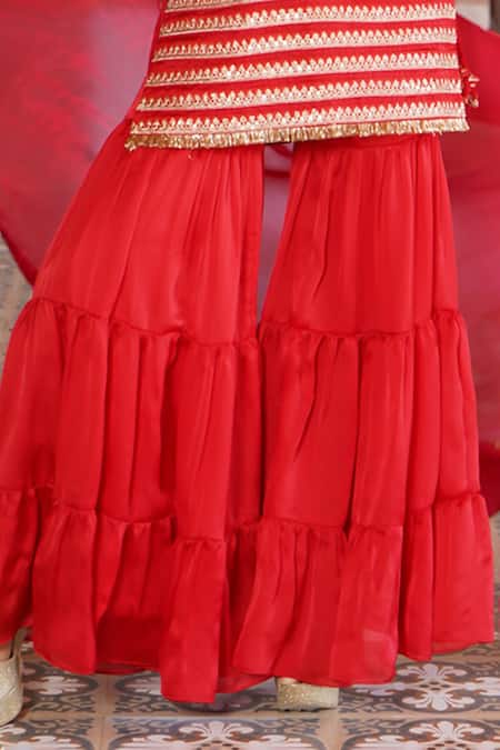 Shop Monk & Mei By Sonia Anand Red Organza, Satin, Sabrina Rafflesia Woven Brocade Short Kurta Sharara Set Online at Aza Fashions Shop_Monk & Mei By Sonia Anand_Red Organza, Satin, Sabrina Rafflesia Woven Brocade Short Kurta Sharara Set _Online_at_Aza_Fashions
