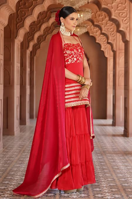 Buy_Monk & Mei By Sonia Anand_Red Organza, Satin, Sabrina Rafflesia Woven Brocade Short Kurta Sharara Set 