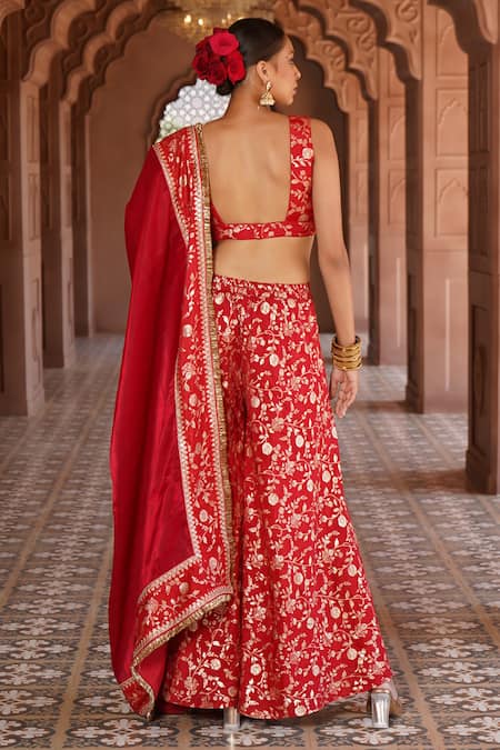Shop_Monk & Mei By Sonia Anand_Red Organza Embroidery Plunge Hiya Gardenia Woven Brocade Blouse Sharara Set _at_Aza_Fashions