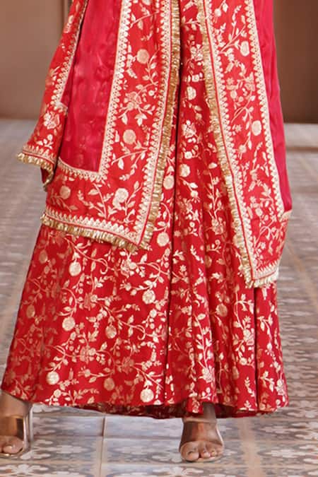 Monk & Mei By Sonia Anand Red Organza Embroidery Plunge Hiya Gardenia Woven Brocade Blouse Sharara Set Online at Aza Fashions Monk & Mei By Sonia Anand_Red Organza Embroidery Plunge Hiya Gardenia Woven Brocade Blouse Sharara Set _Online_at_Aza_Fashions