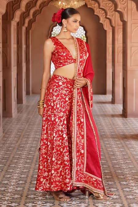 Buy_Monk & Mei By Sonia Anand_Red Organza Embroidery Plunge Hiya Gardenia Woven Brocade Blouse Sharara Set _Online_at_Aza_Fashions