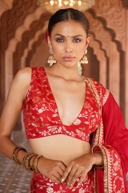 Shop_Monk & Mei By Sonia Anand_Red Organza Embroidery Plunge Hiya Gardenia Woven Brocade Blouse Sharara Set _Online_at_Aza_Fashions