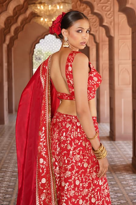 Monk & Mei By Sonia Anand_Red Organza Embroidery Plunge Hiya Gardenia Woven Brocade Blouse Sharara Set _at_Aza_Fashions