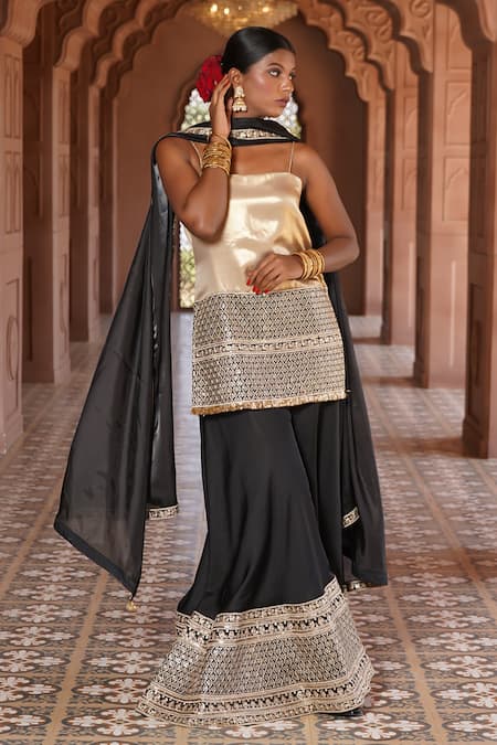 Shop_Monk & Mei By Sonia Anand_Black Organza, Viscose, Silk Sequins, Nargis Sheesh Mahal Kurta Sharara Set _Online_at_Aza_Fashions