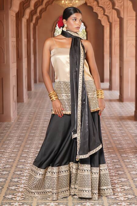 Buy_Monk & Mei By Sonia Anand_Black Organza, Viscose, Silk Sequins, Nargis Sheesh Mahal Kurta Sharara Set 