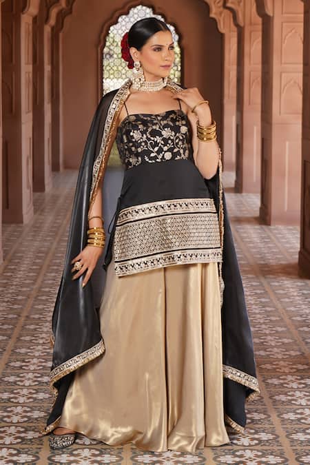 Buy_Monk & Mei By Sonia Anand_Black Organza, Viscose, Ayesha Lily Woven Brocade Short Kurta Sharara Set _Online_at_Aza_Fashions