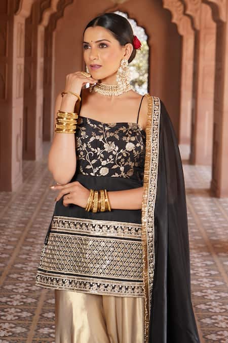 Shop_Monk & Mei By Sonia Anand_Black Organza, Viscose, Ayesha Lily Woven Brocade Short Kurta Sharara Set _Online_at_Aza_Fashions
