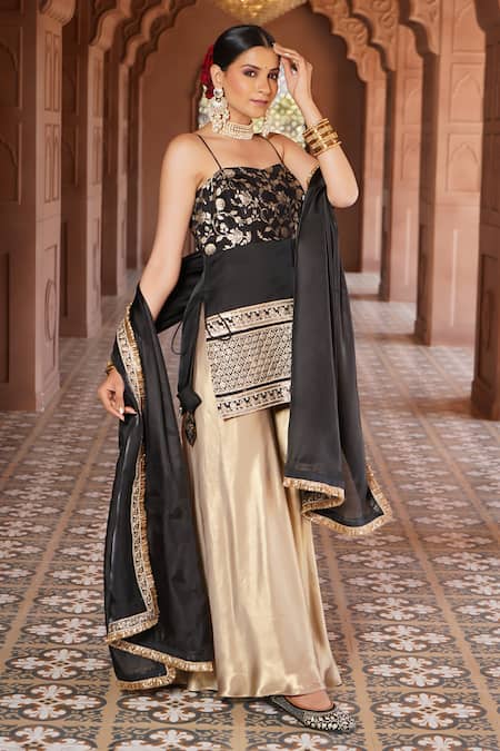 Monk & Mei By Sonia Anand_Black Organza, Viscose, Ayesha Lily Woven Brocade Short Kurta Sharara Set _at_Aza_Fashions