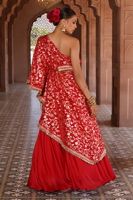 Monk & Mei By Sonia Anand Shama Boho Bloom One Shoulder Boho Cape Lehenga Set 