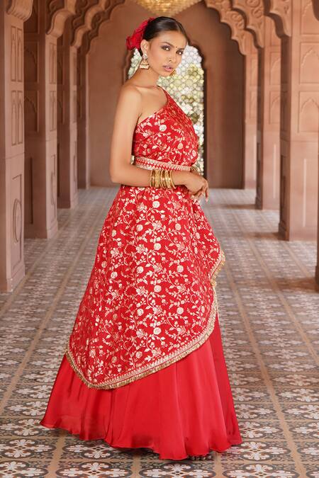Buy_Monk & Mei By Sonia Anand_Red Satin, Cotton, Georgette Shama Bloom One Shoulder Cape Lehenga Set _Online_at_Aza_Fashions
