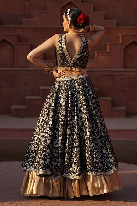 Monk & Mei By Sonia Anand Mishri Florin Jaal Brocade Layered Lehenga Set 