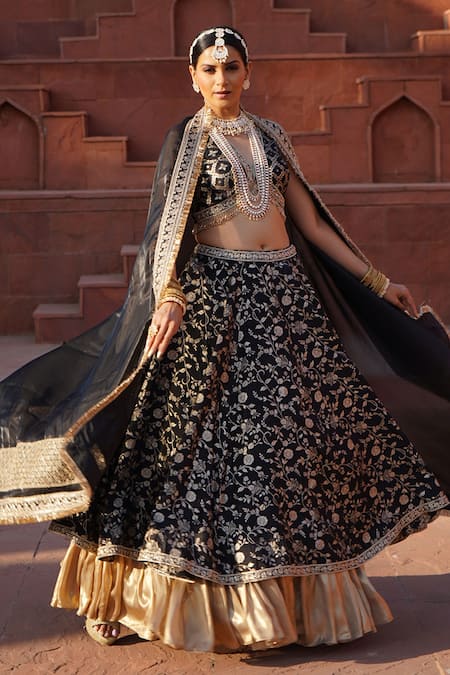 Monk & Mei By Sonia Anand_Black Organza, Viscose, Cotton, Mishri Florin Jaal Brocade Layered Lehenga Set _Online_at_Aza_Fashions