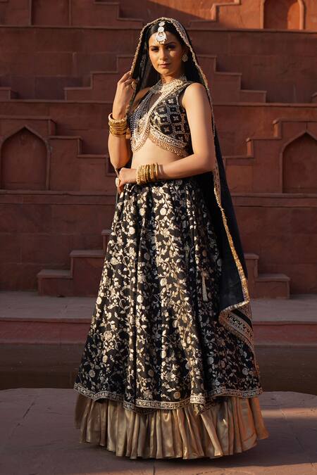 Buy_Monk & Mei By Sonia Anand_Black Organza, Viscose, Cotton, Mishri Florin Jaal Brocade Layered Lehenga Set _Online_at_Aza_Fashions