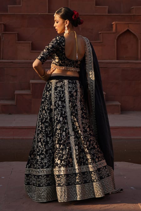 Shop_Monk & Mei By Sonia Anand_Black Organza, Brocade Beads, Embroidery, Zoya Blossom Garden Woven Lehenga Set _at_Aza_Fashions