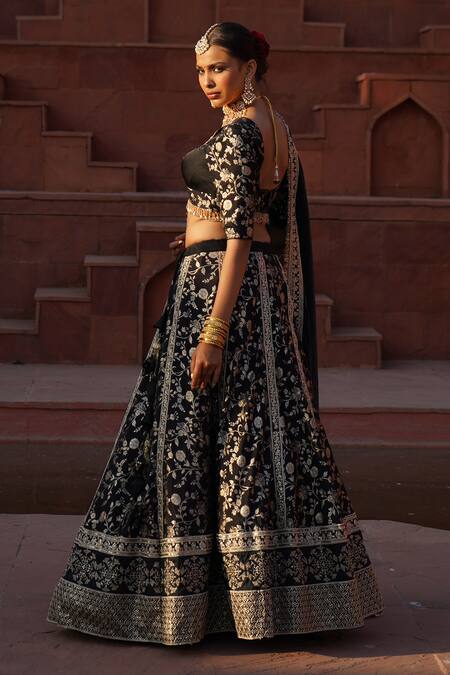 Monk & Mei By Sonia Anand_Black Organza, Brocade Beads, Embroidery, Zoya Blossom Garden Woven Lehenga Set _Online_at_Aza_Fashions