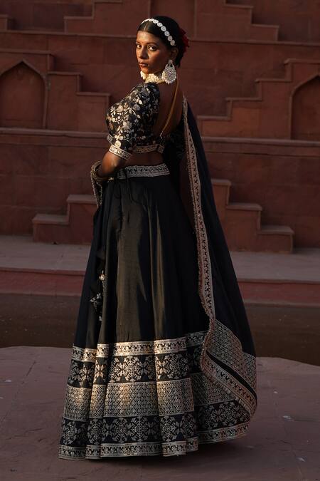 Monk & Mei By Sonia Anand_Black Organza, Cotton, Brocade Sequins, Zari, Ziana Fleur Border Lehenga Set _Online_at_Aza_Fashions