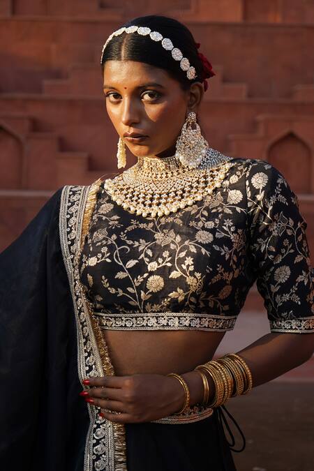 Buy_Monk & Mei By Sonia Anand_Black Organza, Cotton, Brocade Sequins, Zari, Ziana Fleur Border Lehenga Set _Online_at_Aza_Fashions
