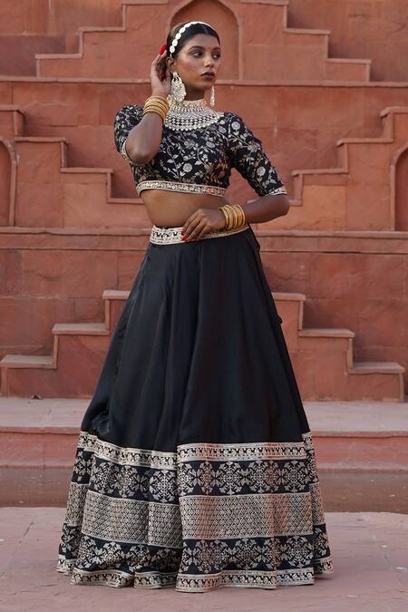 Shop_Monk & Mei By Sonia Anand_Black Organza, Cotton, Brocade Sequins, Zari, Ziana Fleur Border Lehenga Set _Online_at_Aza_Fashions