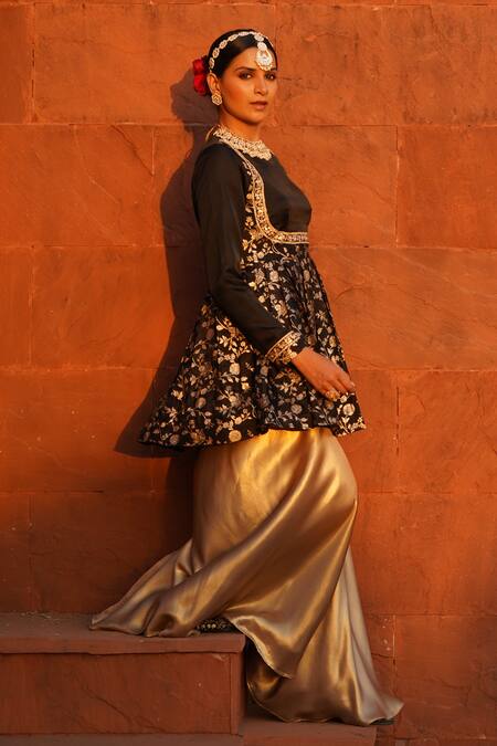 Monk & Mei By Sonia Anand_Black Viscose, Silk, Brocade Yasmin Gullista Woven Peplum Kurta With Sharara _Online_at_Aza_Fashions