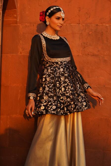 Buy_Monk & Mei By Sonia Anand_Black Viscose, Silk, Brocade Yasmin Gullista Woven Peplum Kurta With Sharara _Online_at_Aza_Fashions