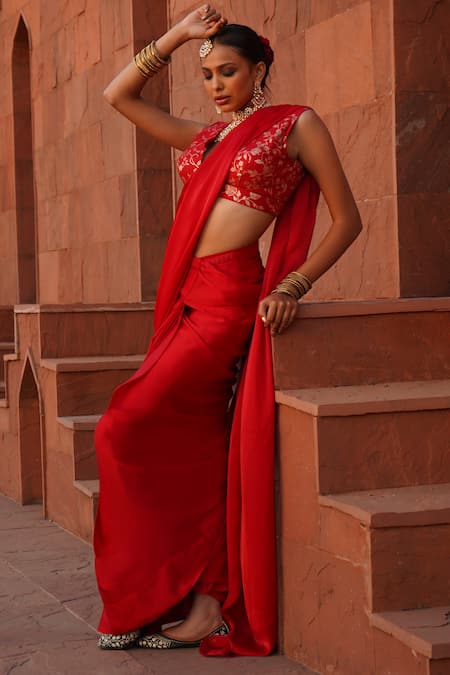 Buy Monk & Mei By Sonia Anand Red , Silk, Cotton Ruhee Pre-draped Saree With Bloom Brocade Blouse Online at Aza Fashions Buy_Monk & Mei By Sonia Anand_Red , Silk, Cotton Ruhee Pre-draped Saree With Bloom Brocade Blouse _Online_at_Aza_Fashions