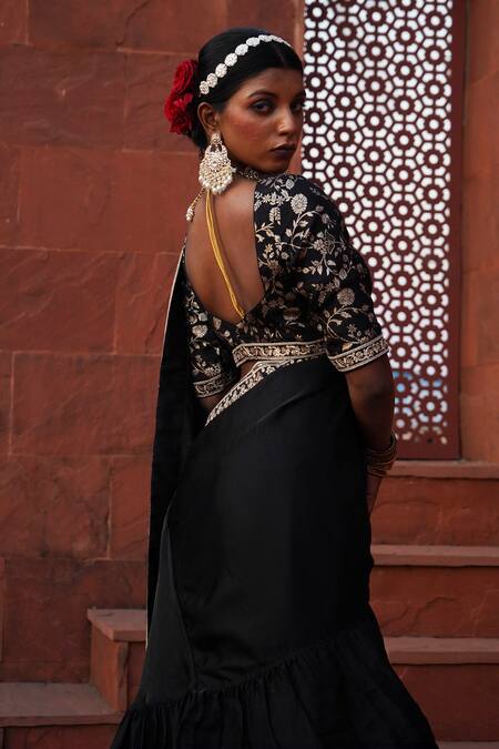 Monk & Mei By Sonia Anand_Black , Silk, Uzma Zari Border Pre-draped Ruffle Saree With Blouse _Online_at_Aza_Fashions