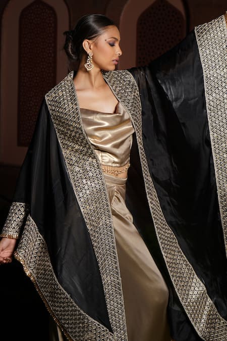 Shop_Monk & Mei By Sonia Anand_Black Viscose, Satin, Linen Safa Sequin Floret Jaal Embroidered Cape Sharara Set _at_Aza_Fashions