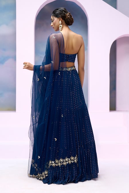 Silky Bindra X AZA_Blue Net, Georgette Sequins Sweetheart Arsh Ruched Blouse Tiered Lehenga Set _Online_at_Aza_Fashions