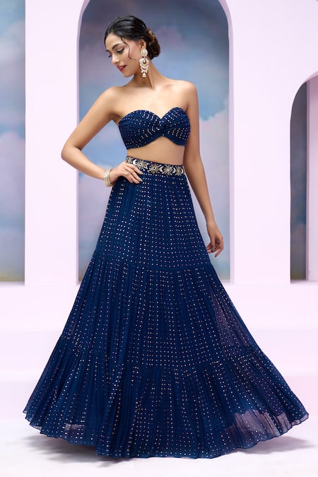 Buy_Silky Bindra X AZA_Blue Net, Georgette Sequins Sweetheart Arsh Ruched Blouse Tiered Lehenga Set _Online_at_Aza_Fashions
