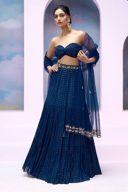 Shop_Silky Bindra X AZA_Blue Net, Georgette Sequins Sweetheart Arsh Ruched Blouse Tiered Lehenga Set _Online_at_Aza_Fashions