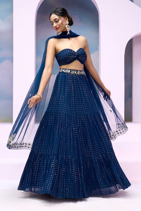 Buy_Silky Bindra X AZA_Blue Net, Georgette Sequins Sweetheart Arsh Ruched Blouse Tiered Lehenga Set 