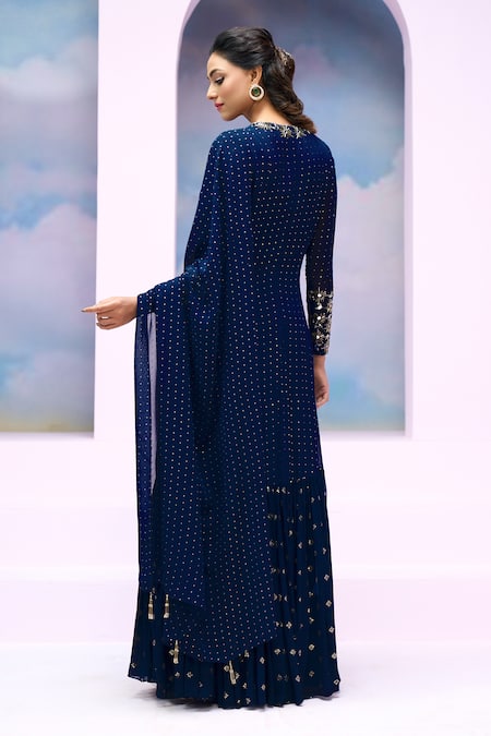 Silky Bindra X AZA_Blue Georgette Sequins, Mirrors, Tassels Soraya Gathered Anarkali With Dupatta _Online_at_Aza_Fashions
