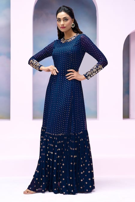 Shop_Silky Bindra X AZA_Blue Georgette Sequins, Mirrors, Tassels Soraya Gathered Anarkali With Dupatta _Online_at_Aza_Fashions