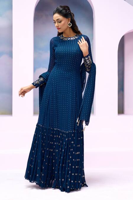 Silky Bindra X AZA_Blue Georgette Sequins, Mirrors, Tassels Soraya Gathered Anarkali With Dupatta _at_Aza_Fashions