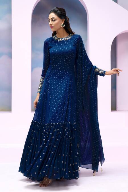 Shop_Silky Bindra X AZA_Blue Georgette Sequins, Mirrors, Tassels Soraya Gathered Anarkali With Dupatta 