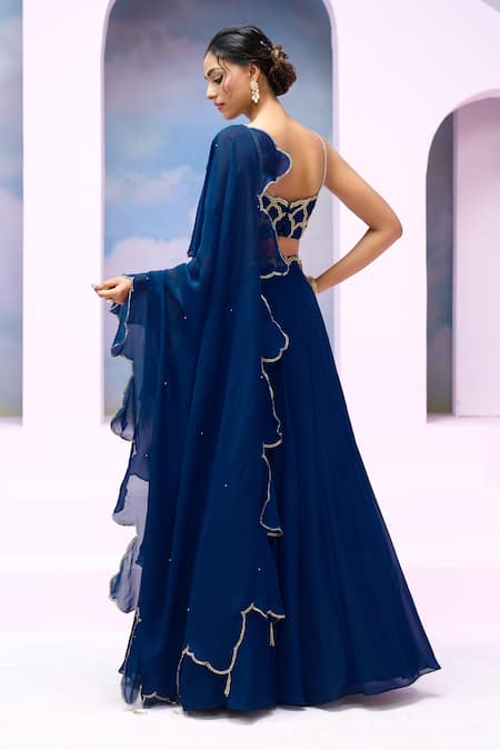 Silky Bindra X AZA_Blue Organza, Silk Beads Scoop Neck Mazin Embroidered Cloud Blouse Lehenga Set _Online_at_Aza_Fashions