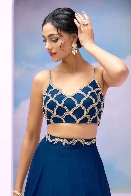 Buy_Silky Bindra X AZA_Blue Organza, Silk Beads Scoop Neck Mazin Embroidered Cloud Blouse Lehenga Set _Online_at_Aza_Fashions