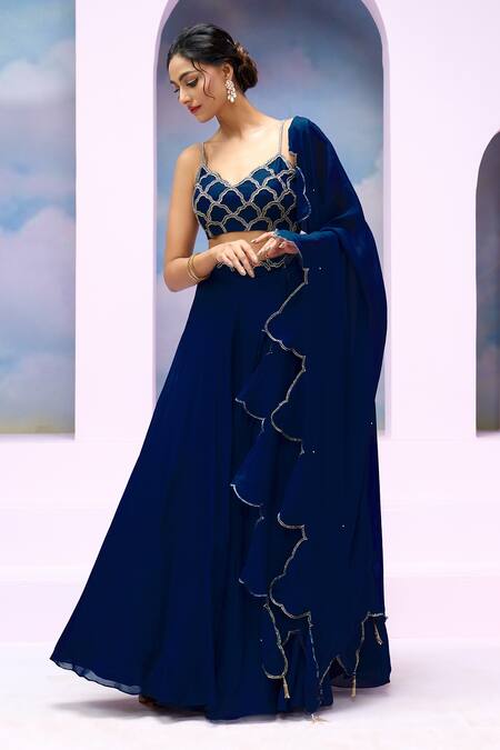 Shop_Silky Bindra X AZA_Blue Organza, Silk Beads Scoop Neck Mazin Embroidered Cloud Blouse Lehenga Set _Online_at_Aza_Fashions