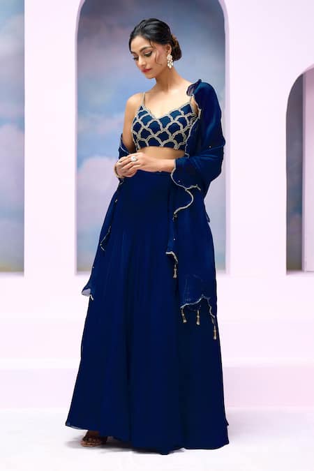 Silky Bindra X AZA_Blue Organza, Silk Beads Scoop Neck Mazin Embroidered Cloud Blouse Lehenga Set _at_Aza_Fashions