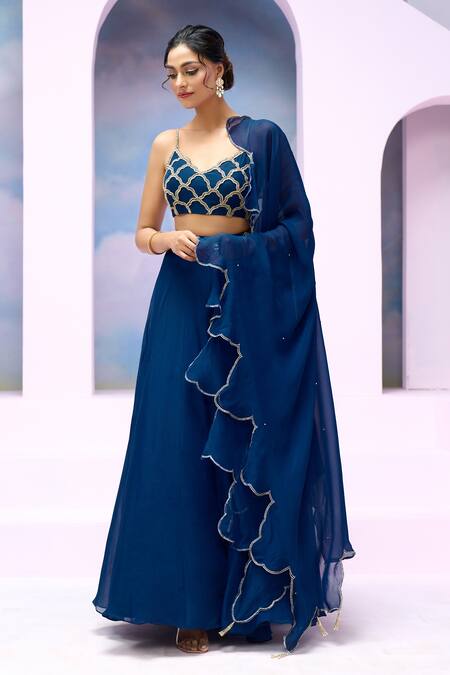Buy_Silky Bindra X AZA_Blue Organza, Silk Beads Scoop Neck Mazin Embroidered Cloud Blouse Lehenga Set 