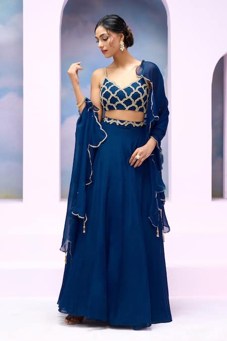 Shop_Silky Bindra X AZA_Blue Organza, Silk Beads Scoop Neck Mazin Embroidered Cloud Blouse Lehenga Set 