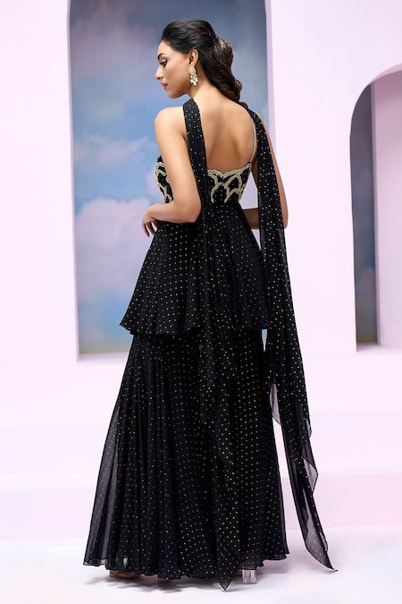 Silky Bindra X AZA Black Georgette, Silk Beads Zuri Cloud Embroidered Peplum Kurta Gharara Set Online at Aza Fashions Silky Bindra X AZA_Black Georgette, Silk Beads Zuri Cloud Embroidered Peplum Kurta Gharara Set _Online_at_Aza_Fashions