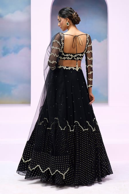Silky Bindra X AZA_Black Net, Georgette Sequins, Beads Square Cloud Patch Embroidered Lehenga Set _Online_at_Aza_Fashions