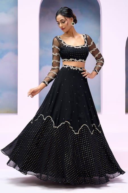 Buy_Silky Bindra X AZA_Black Net, Georgette Sequins, Beads Square Cloud Patch Embroidered Lehenga Set _Online_at_Aza_Fashions