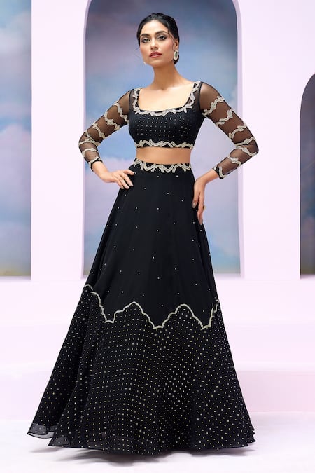 Shop_Silky Bindra X AZA_Black Net, Georgette Sequins, Beads Square Cloud Patch Embroidered Lehenga Set _Online_at_Aza_Fashions