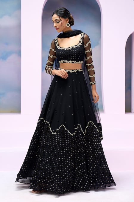 Buy_Silky Bindra X AZA_Black Net, Georgette Sequins, Beads Square Cloud Patch Embroidered Lehenga Set 