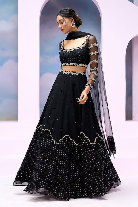 Shop_Silky Bindra X AZA_Black Net, Georgette Sequins, Beads Square Cloud Patch Embroidered Lehenga Set 