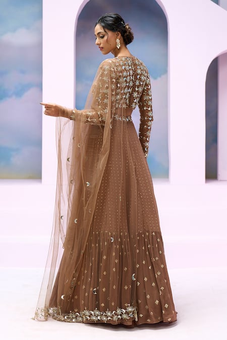 Silky Bindra X AZA_Brown Net, Georgette Mirrors, Aurelia Embroidered Blouse Tiered Lehenga Set _Online_at_Aza_Fashions