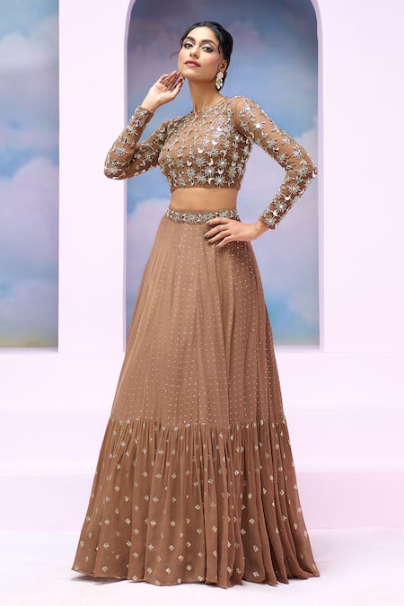Buy_Silky Bindra X AZA_Brown Net, Georgette Mirrors, Aurelia Embroidered Blouse Tiered Lehenga Set _Online_at_Aza_Fashions